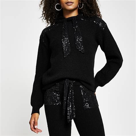 Black Sequin Ribbed Hoodie River Island