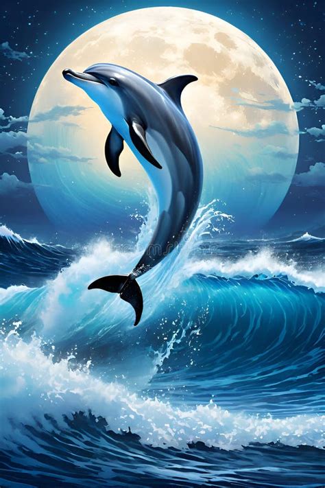 A Cute And Playful Dolphin In A Breathtaking Ocean With Moonlit Night