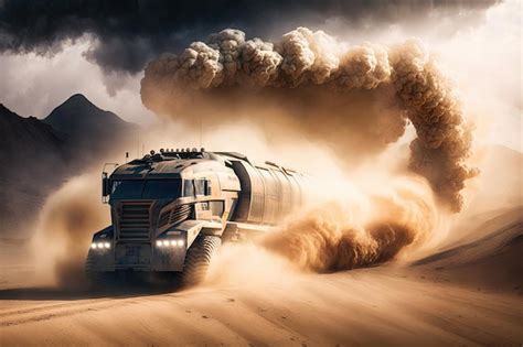 Premium Ai Image Futuristic Truck Speeding Through Rocky Terrain With