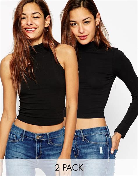 Asos The Turtle Neck Crop Top Short Sleeve And Sleeveless 2 Pack Save 20 Cropped Tank Top Long