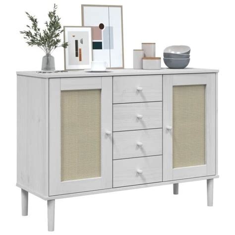 Buffet SENJA Aspect Rotin Blanc ZERODIS 112x40x80cm Bois Massif