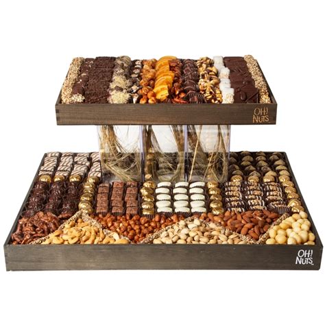 2-Tier Nuts & Chocolate Wood Tray Gift Basket • Nuts & Chocolate Gifts ...