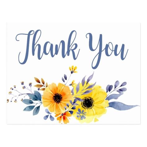 Blue Floral Thank You Yellow Flowers Watercolor Postcard | Zazzle ...