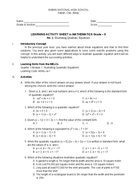 Las In Math 9 Illustrating Quadratic Equations Pdf Area Equations