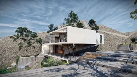 An Artistic Rendering Of A Modern House In The Desert With Stairs