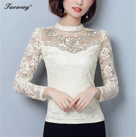 Buy Women Elegant Long Sleeve Lace Blouse Crewneck Floral Lace Hollow Out Mesh