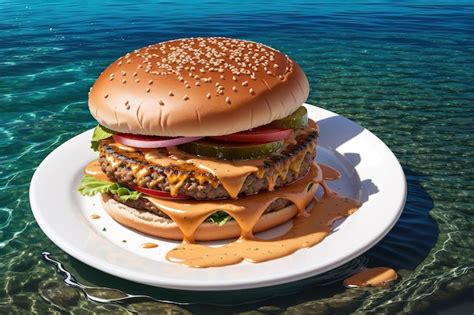 Una Hamburguesa Con Salsa Se Sienta En Un Plato Foto Premium