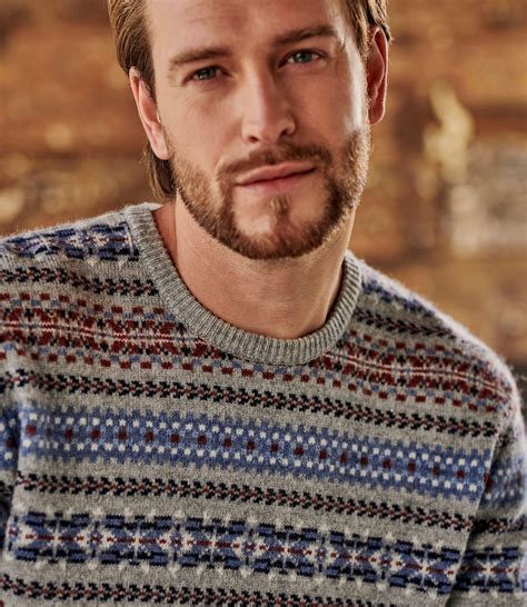 Grey Multi Pure Lambswool Mens All Over Fairisle Jumper