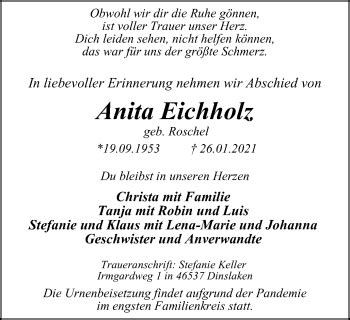 Traueranzeigen Von Anita Eichholz Trauer In Nrw De