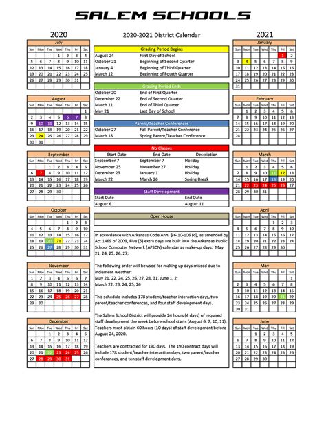 2020 2021 School Calendar Salem School District