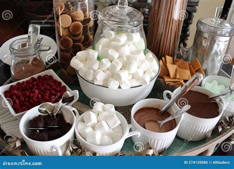 Hot Chocolate Bar With Toppings Like Marshmallows Cinnamon And