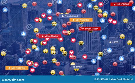 Animation Of Falling Social Media Icons And Emojis Over Cityscape Stock