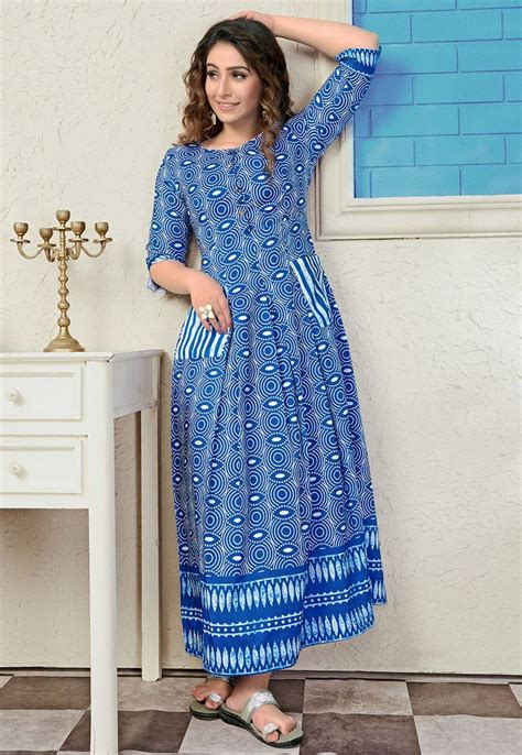 Muslin Cotton Maxi Dress In Blue This Readymade Attire Is Highlighted