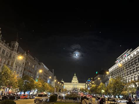 Picture of Wenceslas Square at night with moon 🌙 : r/Prague