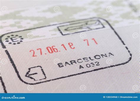 Stamp Of Barcelona Airport Customs On Arrival In The Passport Stock