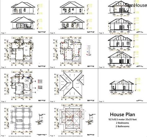 35x35 Feet House Plan 10 7x10 5 Meter 2 Beds 2 Baths Hip Roof PDF A4