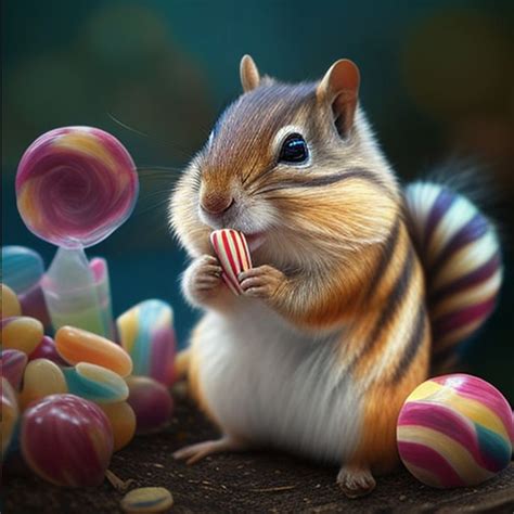 a cute chipmunk trying to eat lots candies, candies are far too big for ...