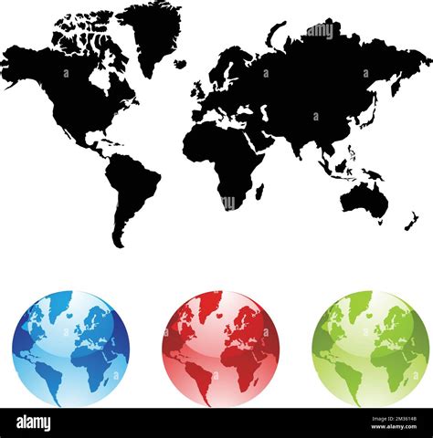 Black World Map And Colorful Globes Isolated On A White Background