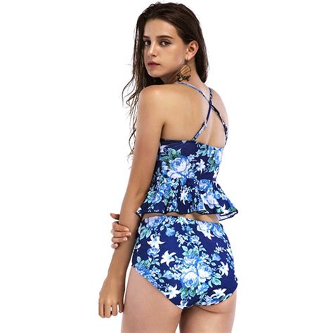 Buy Peplum Reverse Bikini Set In Blue Striped Floral Mydeal