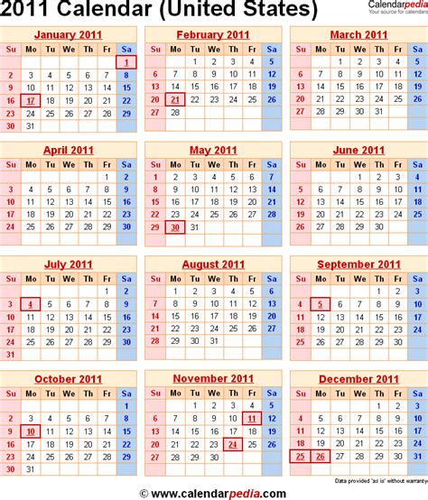 2011 Calendar for the USA, with US Federal Holidays