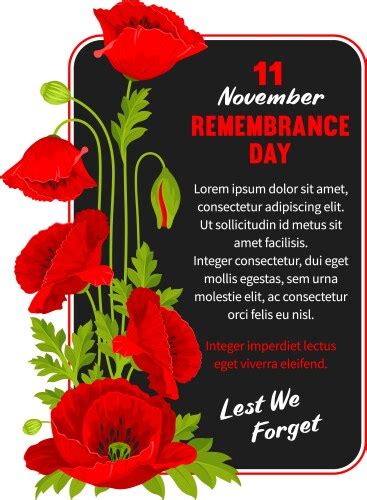 11 November Poppy Remembrance Day Card Royalty Free Vector