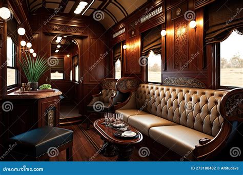 Luxury Train, with Bar and Lounge Area, Featuring Intricate Woodwork and Plush Seating Stock ...