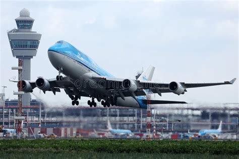 KLM Jumbo Boeing B747 Plane Taking Off From Amsterdam Schiphol Airport