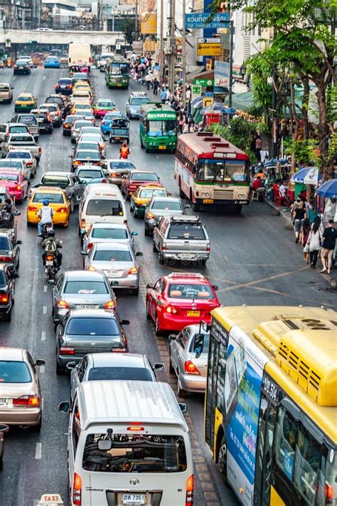 Traffic Jam At The Sukhumvit Road A Big Shopping Street In Bangkok