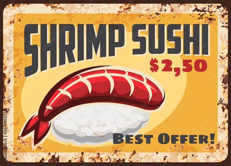 Shrimp Sushi Rusty Metal Plate Japanese Cuisine Food Vector Menu Retro