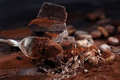 Dark Chocolate Pieces Cocoa Powder And Cocoa Beans Stock Image Image