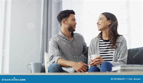 Couple Hug And Romance On Sofa With Love Happiness And Talking In