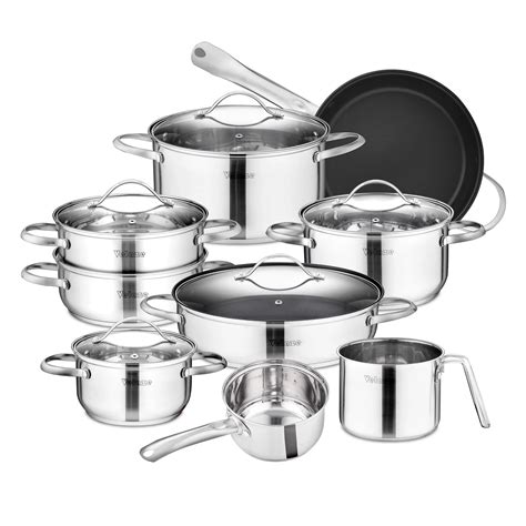 Velaze Cookware Set Stainless Steel 8 9 14 Piece Cooking Pot Pan Set