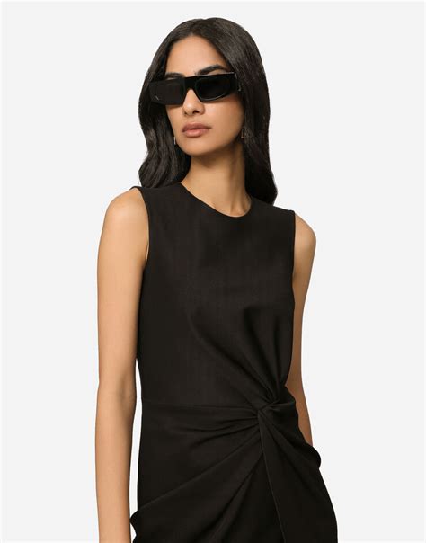 Calf Length Dress In Jersey Milano Rib With Draping In Black For Women