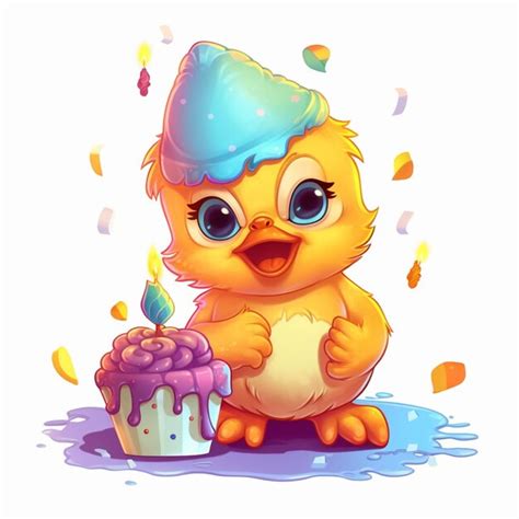 Premium Ai Image Cartoon Baby Chicken With Birthday Cake And Party