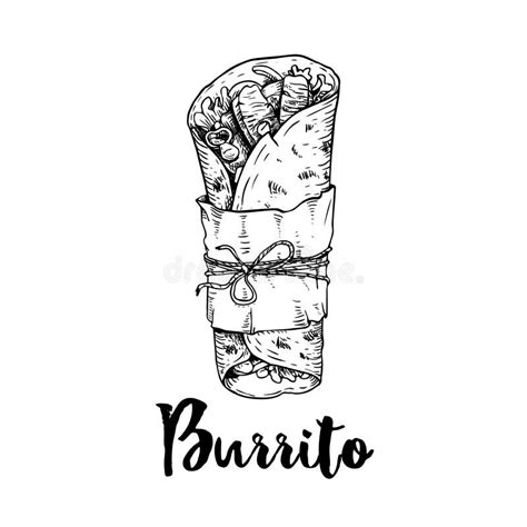 Hand Drawn Sketch Style Burrito Wrap With Meat Pieces In Paper Package