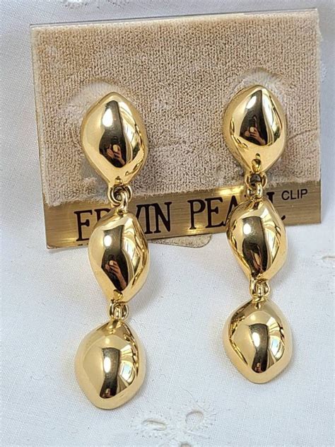 Erwin Pearl Long Shiny Gold Drops Dangle Vintage Clip On Earrings