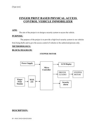 Fingerprint Based Physical Access Control Vehicle Immobilizer Pdf