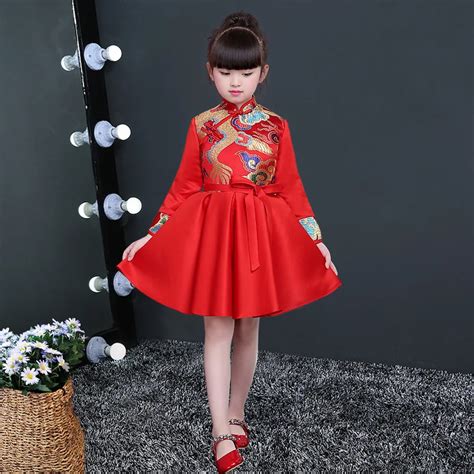 Red Embroidery Cheongsam Kids Long Sleeve Qipao Children Girls Princess