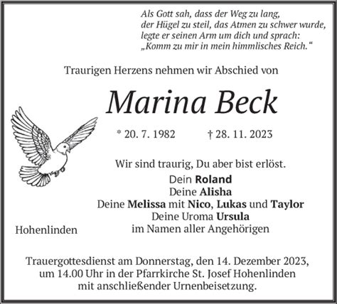 Traueranzeigen Von Marina Beck Trauer Merkur De