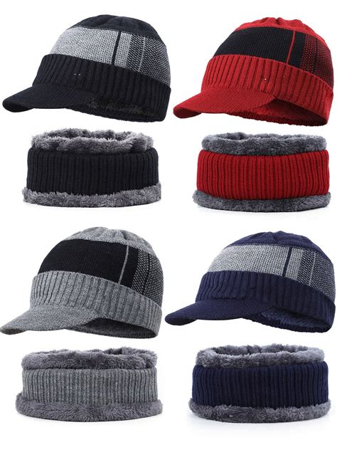 Mens Winter Warm Hat Knit Visor Beanie Fleece Lined Beanie With Brim