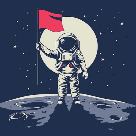 Astronauta De Pie Sosteniendo La Bandera En La Ilustración De La Luna Con Vector Premium De