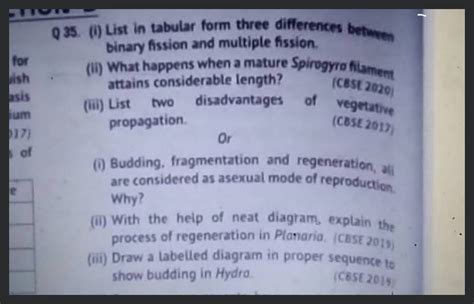 Q I List In Tabular Form Three Differences Betwen Binary Fission And