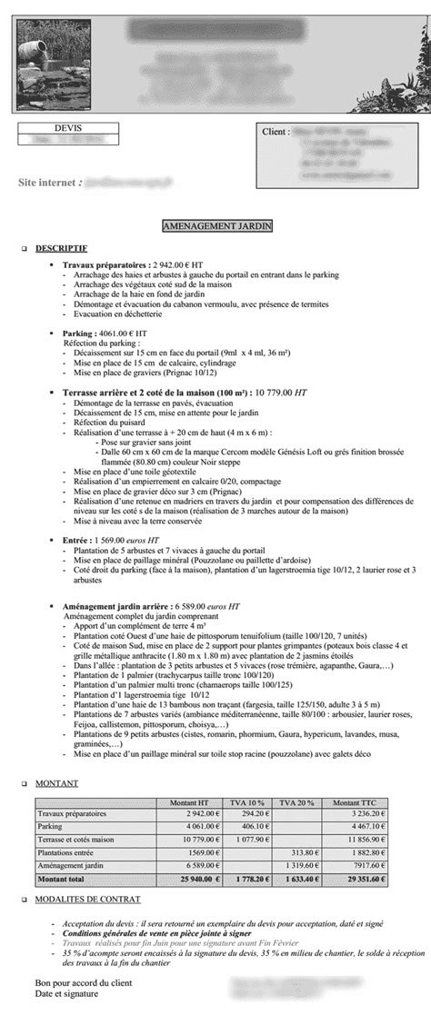 Exemple de devis Aménagement de jardin
