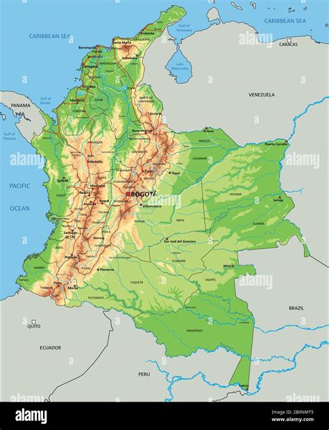 Mapa físico de Colombia con alto detalle y etiquetado Imagen Vector de