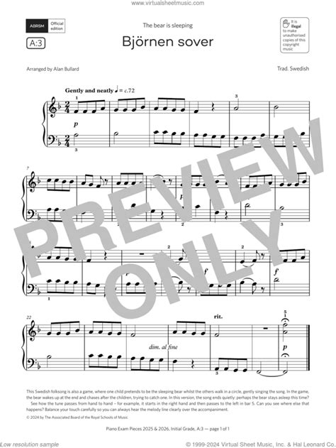 BjAurnen Sover Grade Initial List A3 From The ABRSM Piano Syllabus