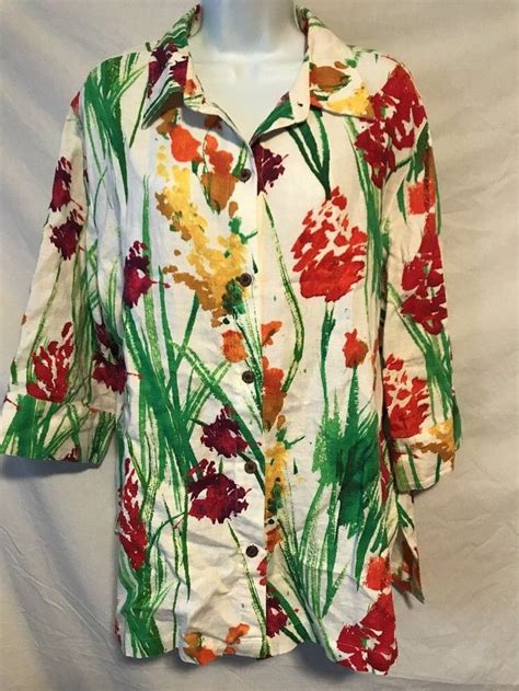 Chicos Women 3 Large XL Multi Color Linen Button Down Shirt 3 4 Sleeves