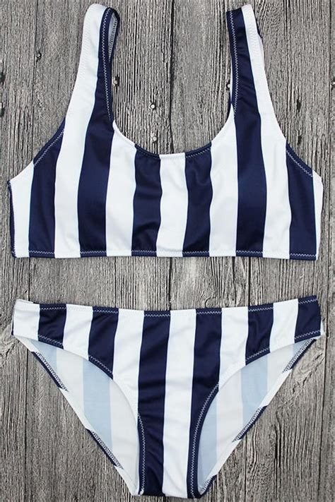 Breezy Navy Blue Stripe Bikini Set Navy Blue Bikini Top Bikinis