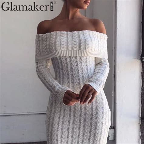 Glamaker Knitted White Off Shoulder Bodycon Dress Winter Sexy Women