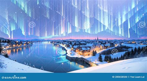 Anime Style Background Winter Landscape Aurora Mountain Village