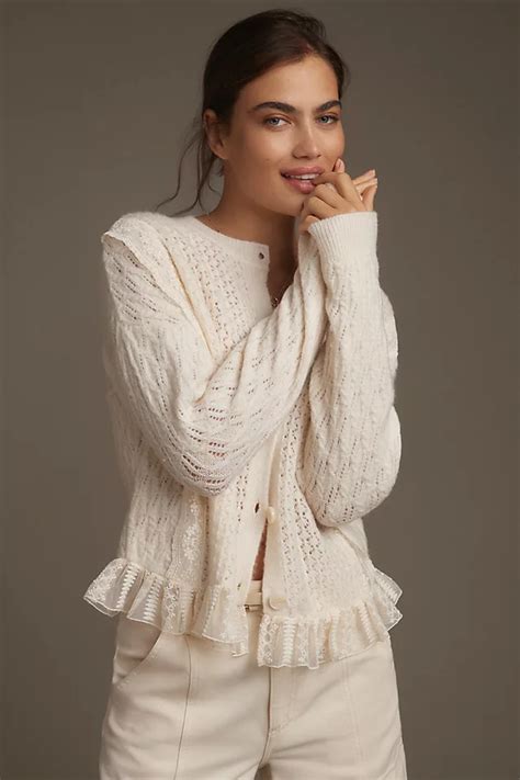 By Anthropologie Pointelle Ruffled Cardigan Sweater Anthropologie